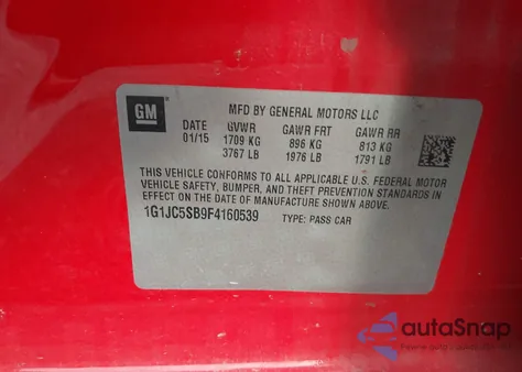 2015 Chevrolet Sonic Lt Auto z USA, uszkodzony, nr VIN 1G1JC5SB9F4160539